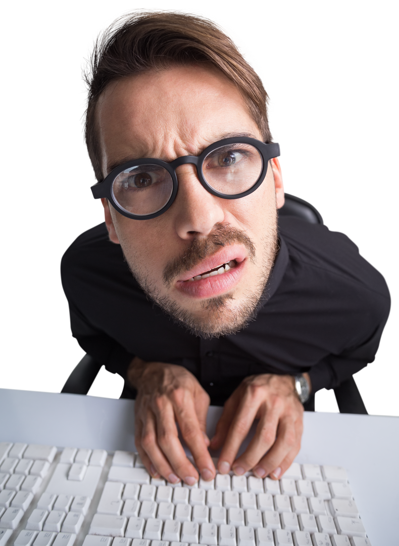 Transparent image of confused businessman with glasses typing on computer - Download Free Stock Images Pikwizard.com