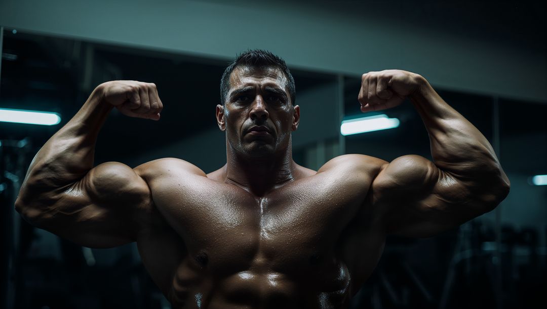 Muscular Man Flexing Biceps in Gym