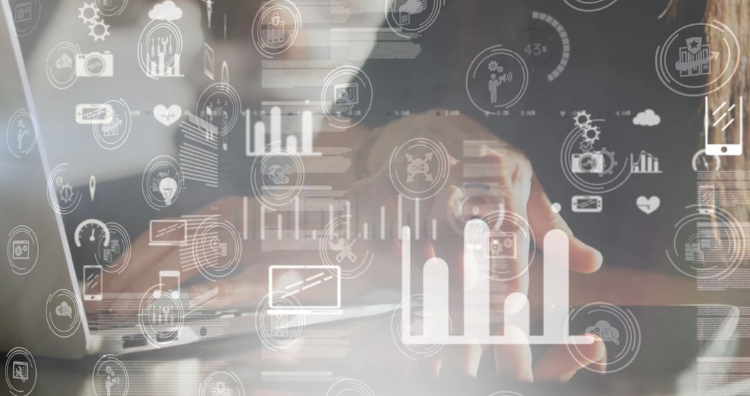 Businesswoman Utilizing Technology with Analytics Graphics Overlay