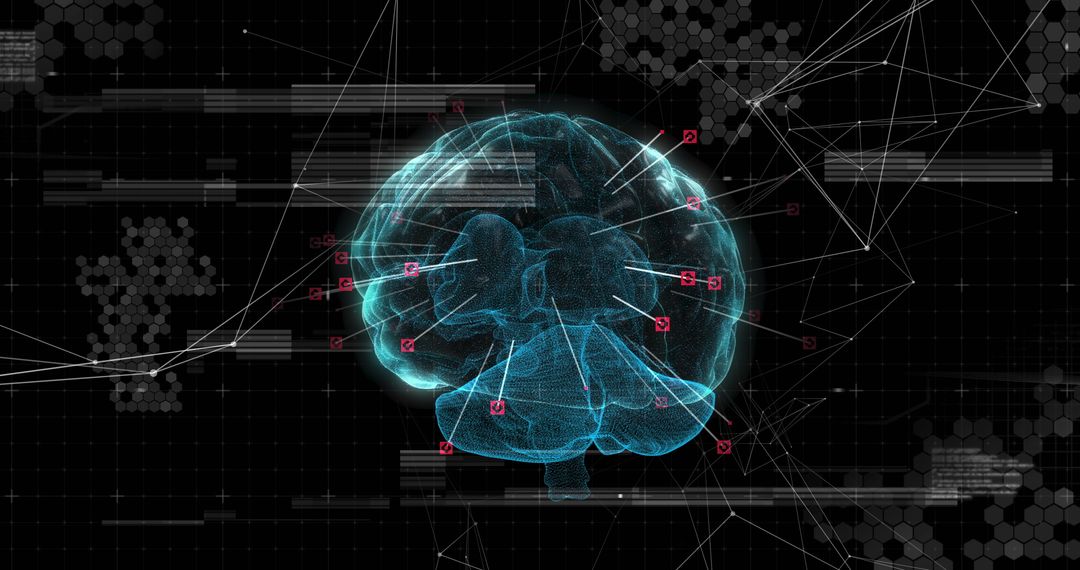 3D Blue Glowing Brain with Data Connections on Digital Screen