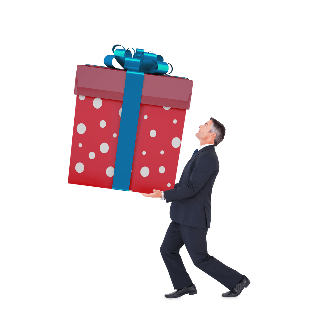 Man in Suit Carrying Oversized Transparent Gift Box