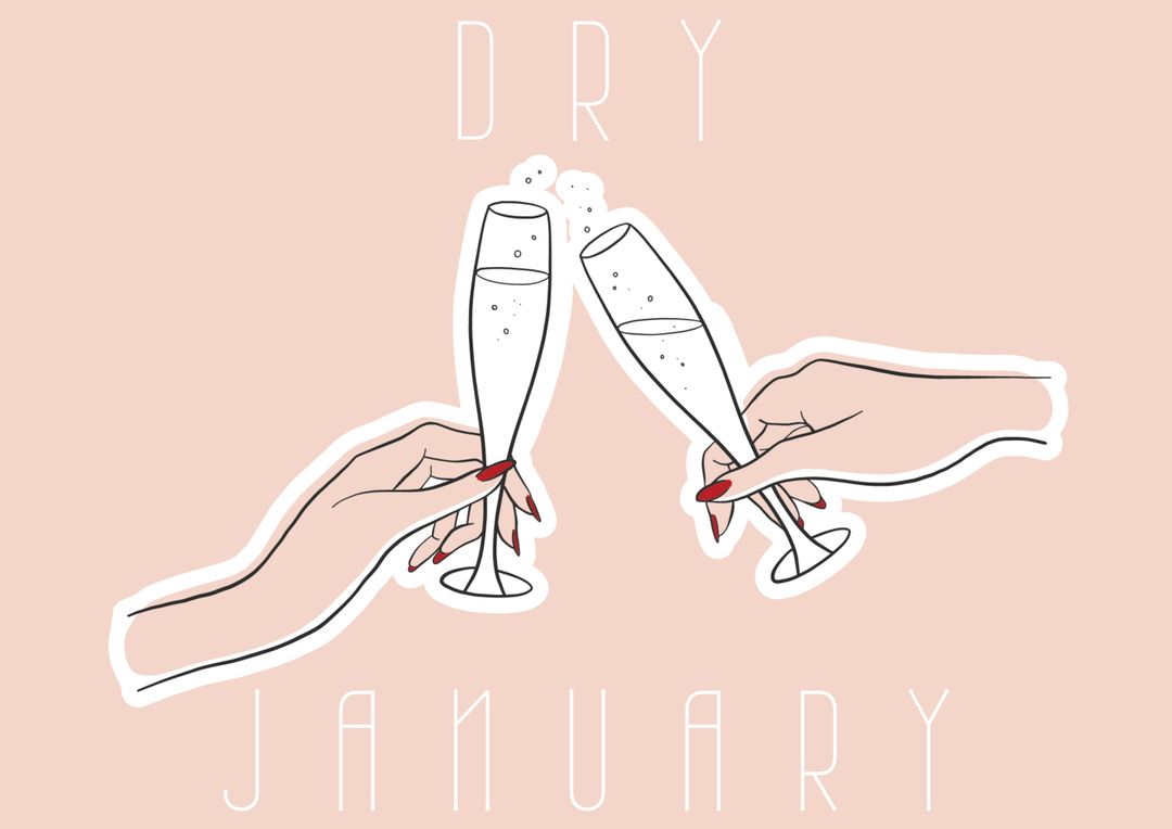 Vector image of dry january text and women toasting champagne flutes on peach background, copy space - Free Images, Stock Photos and Pictures on Pikwizard.com
