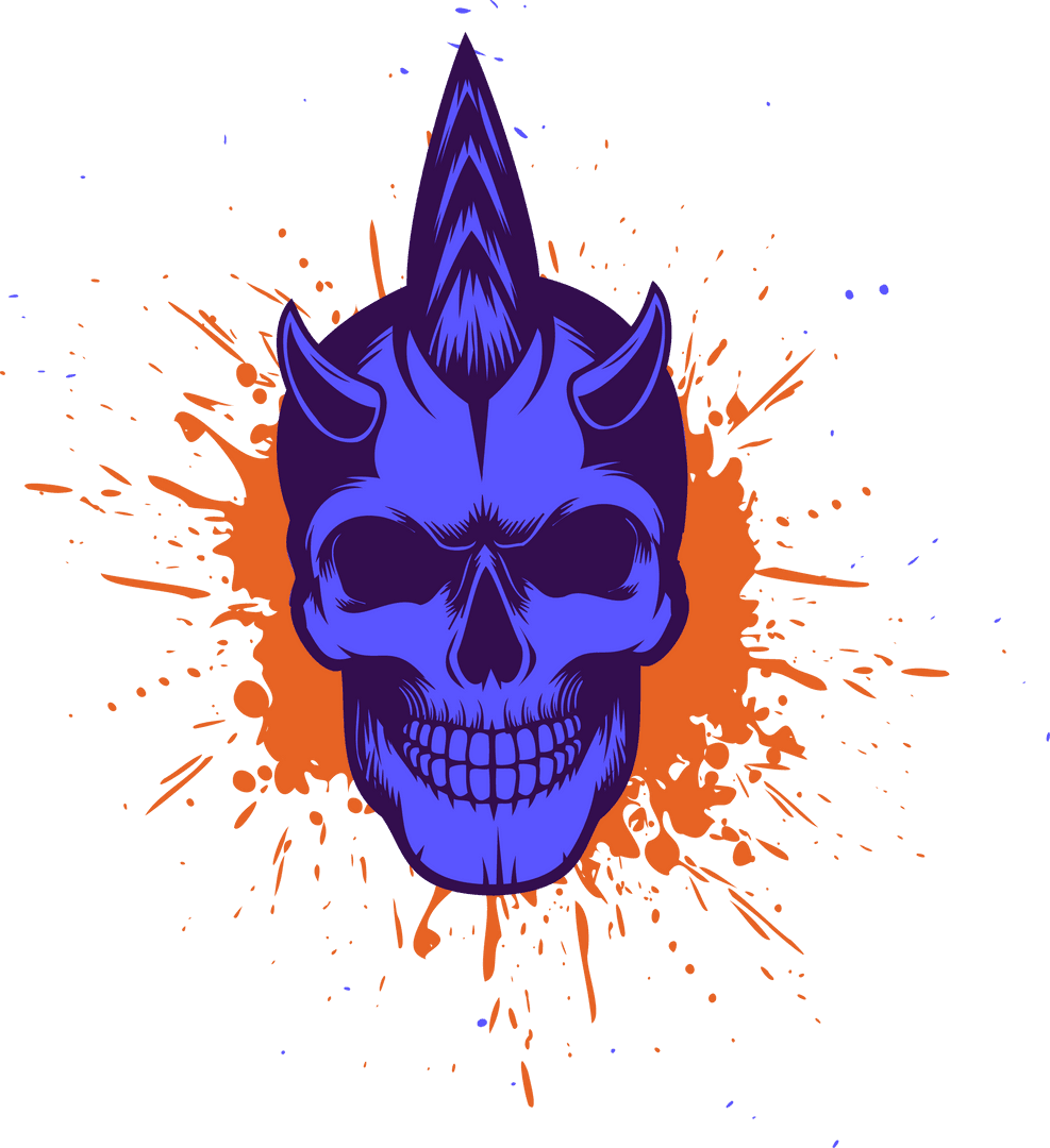 Cobalt Blue Demon Skull with Orange Splatter on Transparent Background