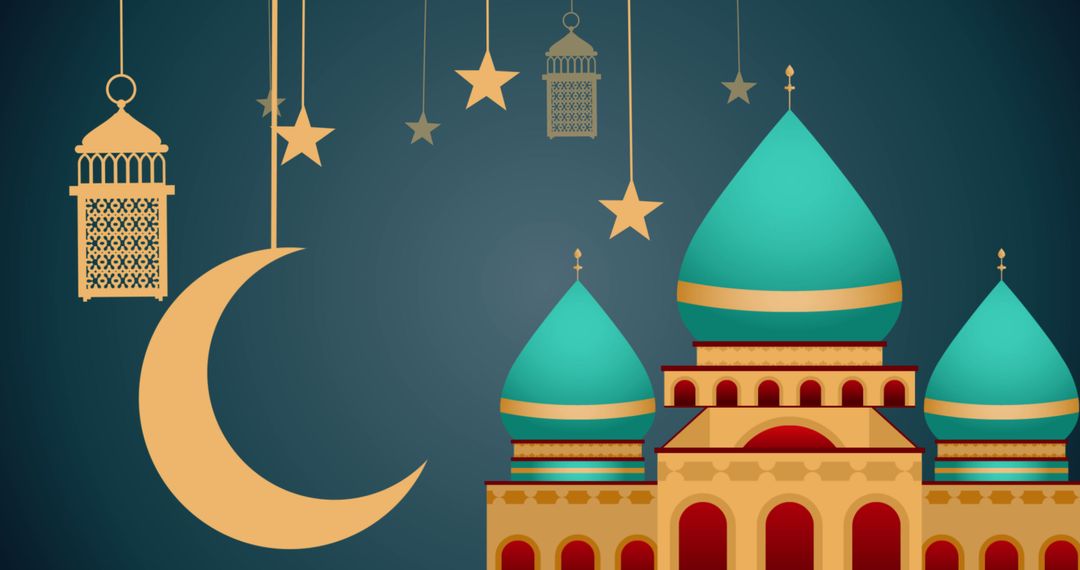 Islamic Night Scene with Crescent Moon and Lanterns