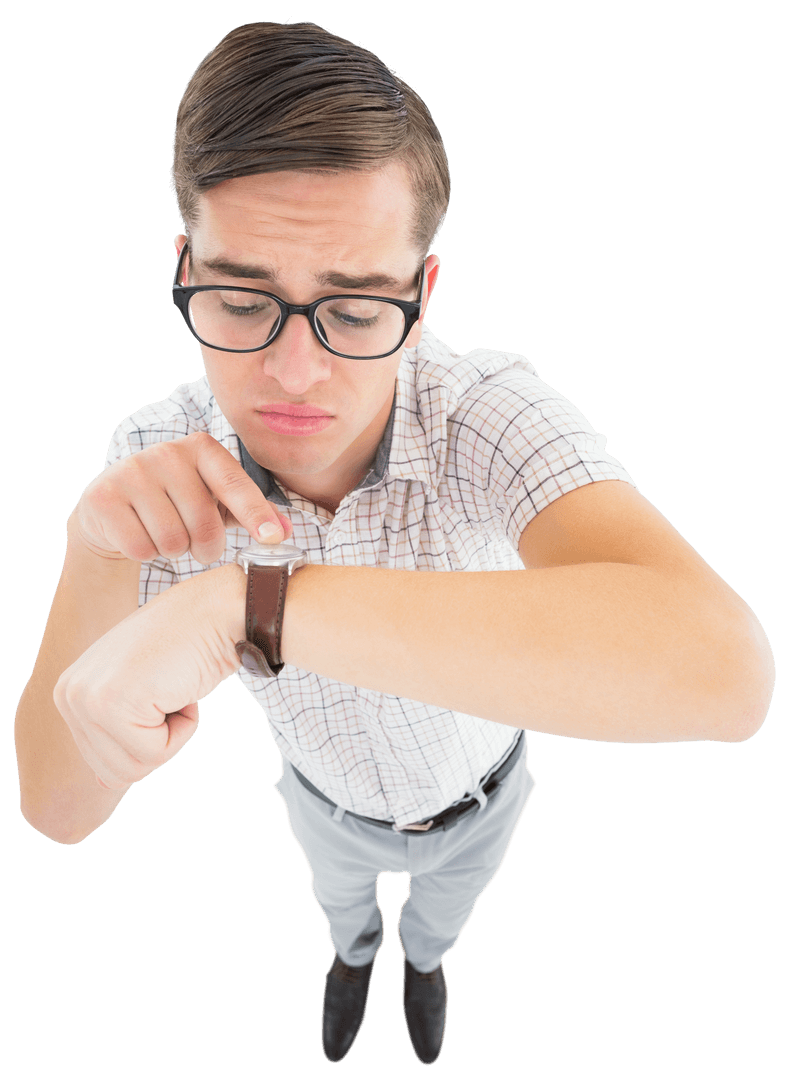 Transparent Geeky Man Checking Time on Wristwatch
