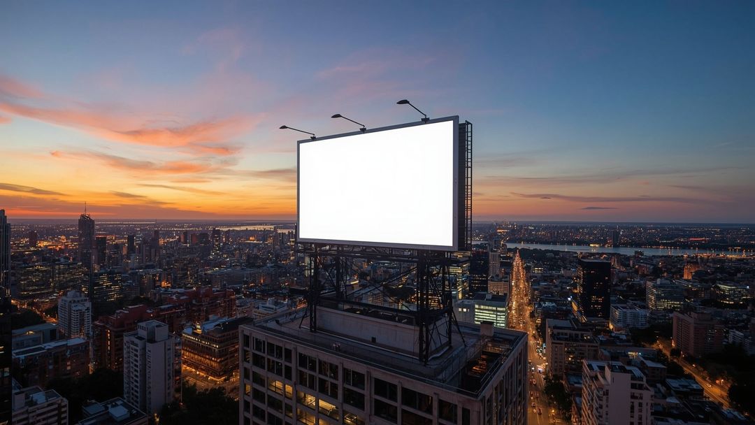 Blank Billboard on Urban Rooftop During Vibrant Dusk Skyline