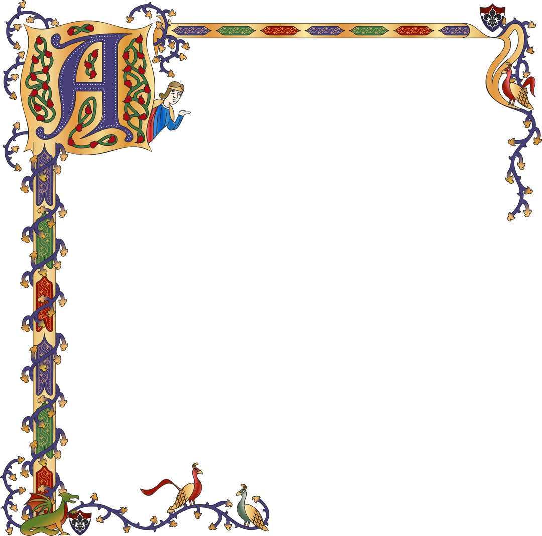 Transparent medieval illuminated letter A corner border with vines and heraldic birds