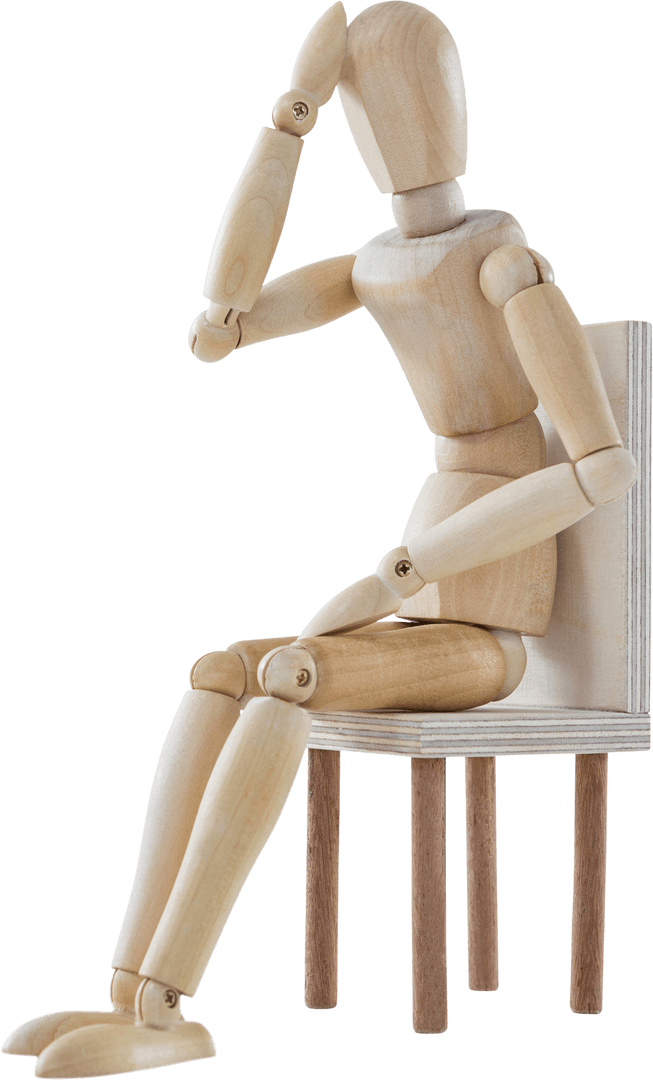 Stressed Wooden Figurine Sitting, Transparent Background