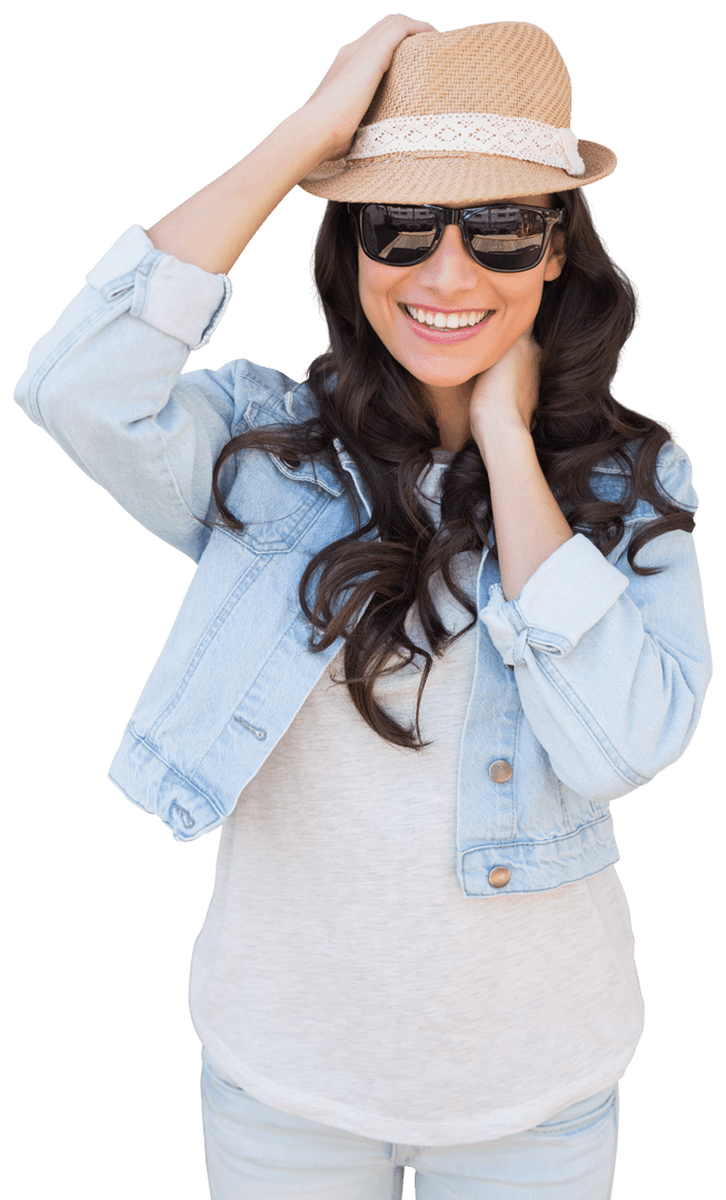 Smiling Woman in Sun Hat and Sunglasses with Transparent Background