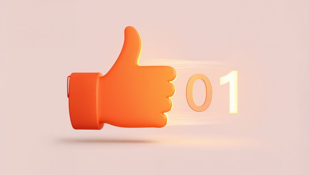 Floating orange thumbs-up icon conveying dynamic upvote 01 motion on pastel pink backdrop