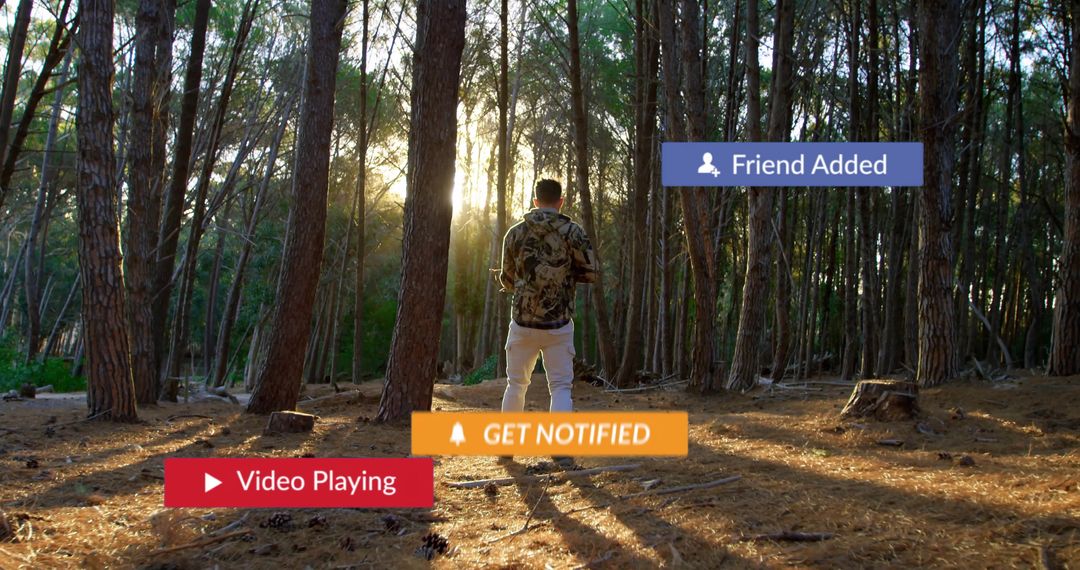 Man Engaging with Smartphone amidst Pine Forest Ambience