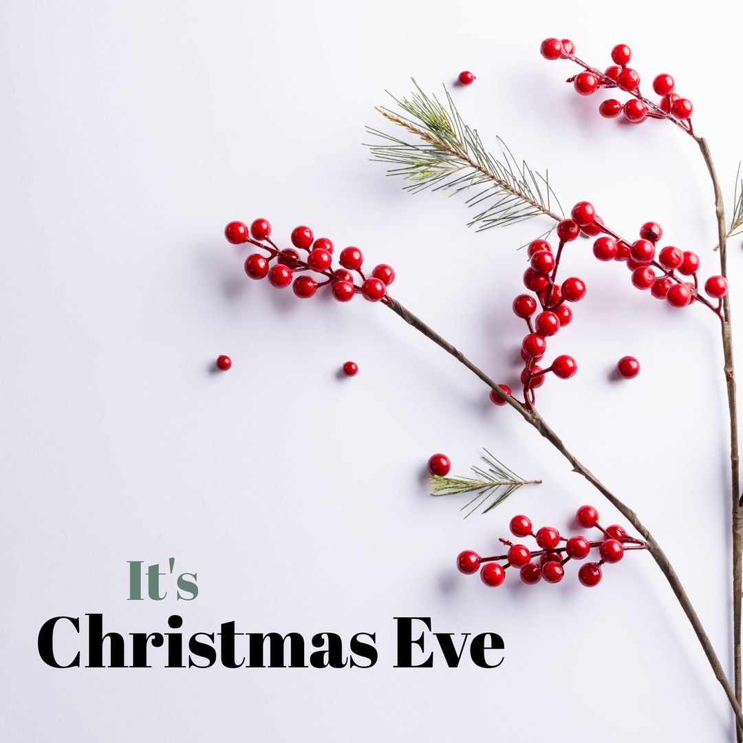 Festive Christmas Eve Background with Red Berries and Pine Branch