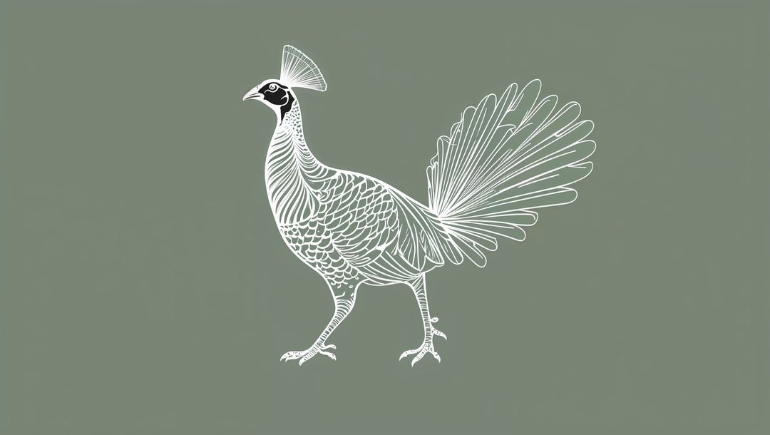 Elegant line-art bird animal with intricate tail on olive background