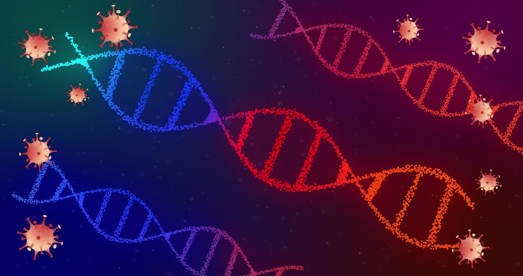 Vivid DNA Crossed by Virus Particles in Futuristic Digital Design