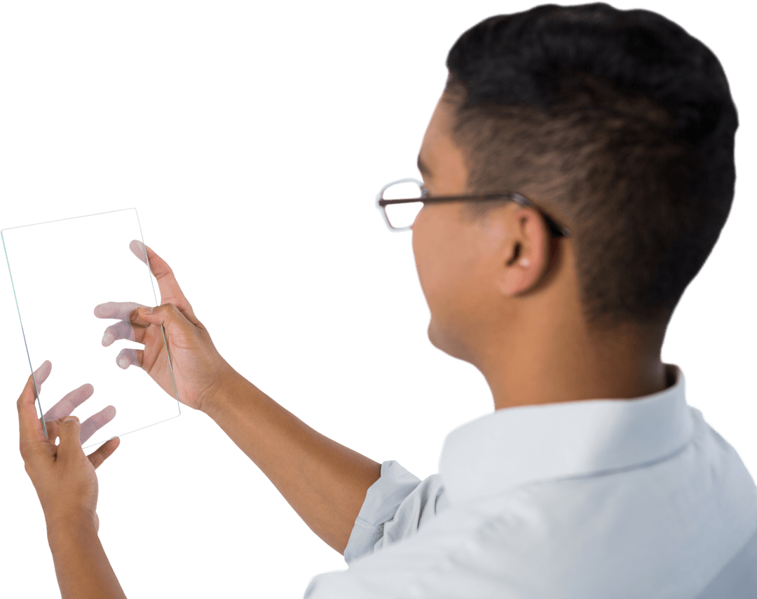 Businessman Using Transparent Glass Tablet with Augmented Reality Interface