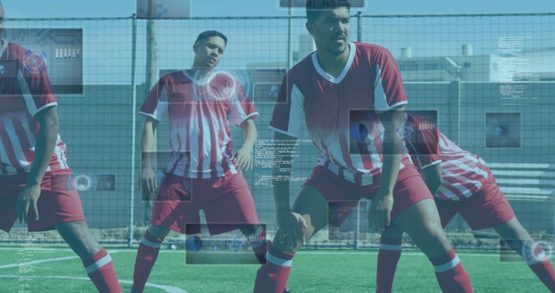 Digital Interface Overlay on Football Players Warming Up