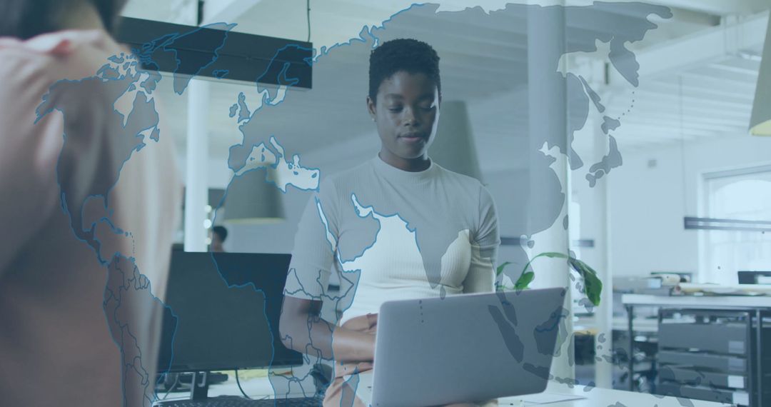 Businesswoman Analyzing Global Market Data with Digital Visualization