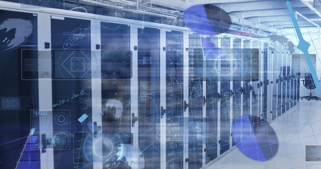 Advanced Data Center with Futuristic Digital Graphic Overlay