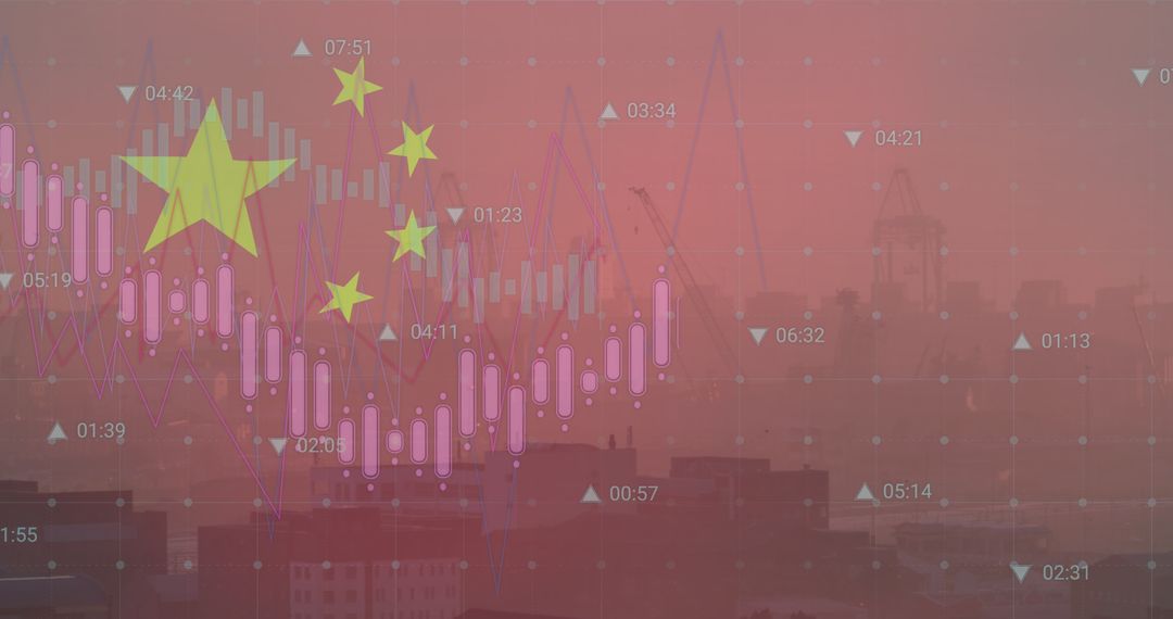 Chinese Flag with Data Visualization Overlaid on Cityscape