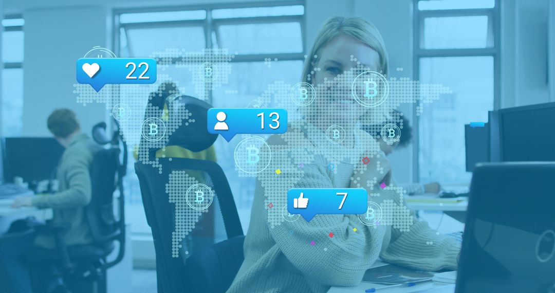 Social Media Interactions and Cryptocurrency Concepts in Modern Office