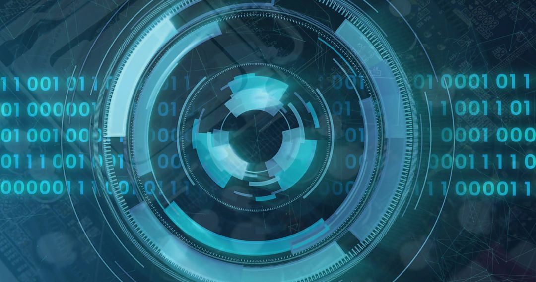 Futuristic Digital Interface with Binary Code and Rotating HUD Elements