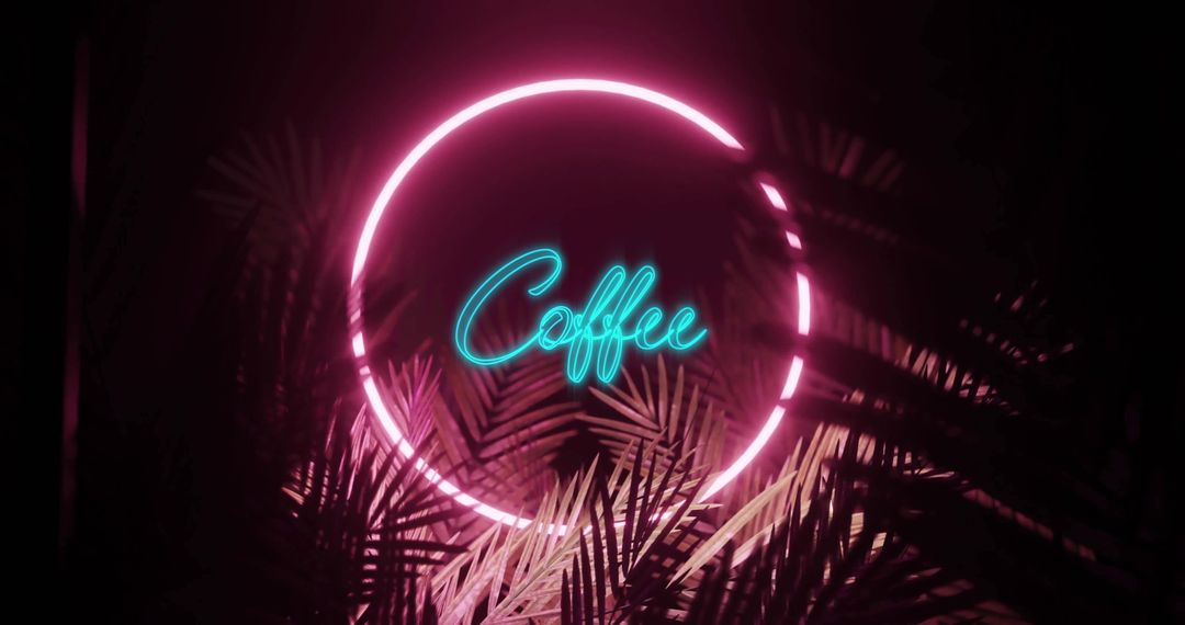 Neon Coffee Sign with Tropical Leaves and Circular Frame
