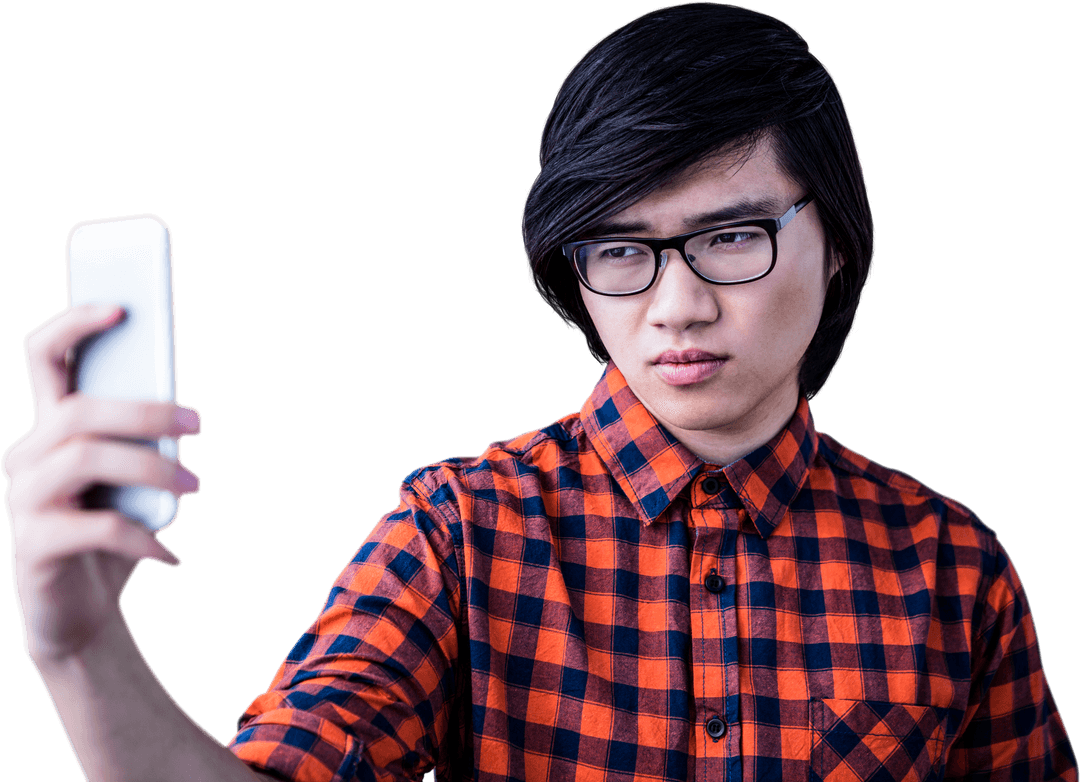 Transparent Hipster Taking Selfie with Modern Smartphone