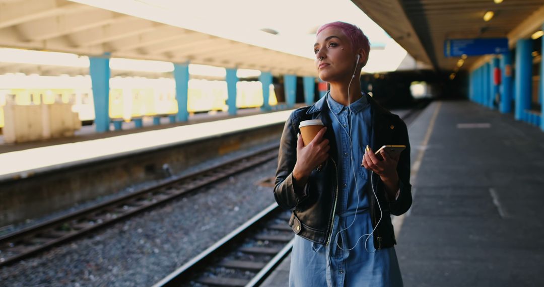 Young Woman with Coffee and Smartphone Waiting at Train Station - Free Images, Stock Photos and Pictures on Pikwizard.com