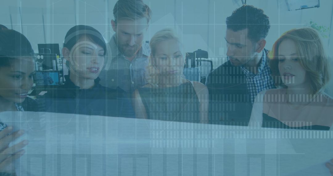 Diverse Team Analyzing Data in Futuristic Office Environment