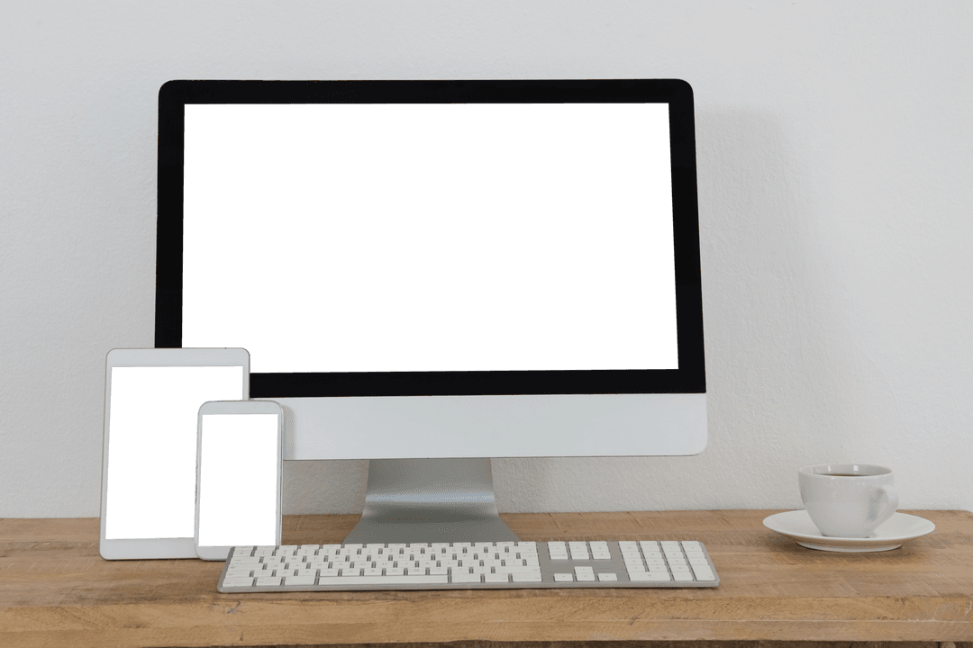 Transparent Electronic Gadgets and Coffee Cup on Table Displaying Mockup