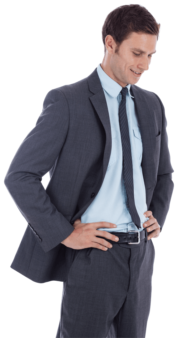 Smiling Businessman with Hands on Hips on Transparent Background