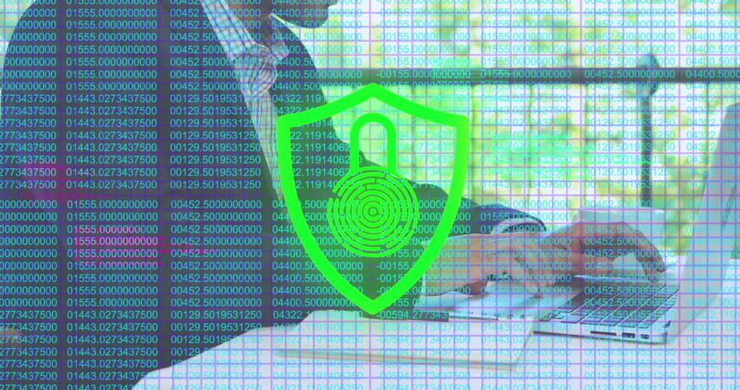 Cybersecurity Concept with Overlaid Shield Icon and Binary Code - Free Images, Stock Photos and Pictures on Pikwizard.com