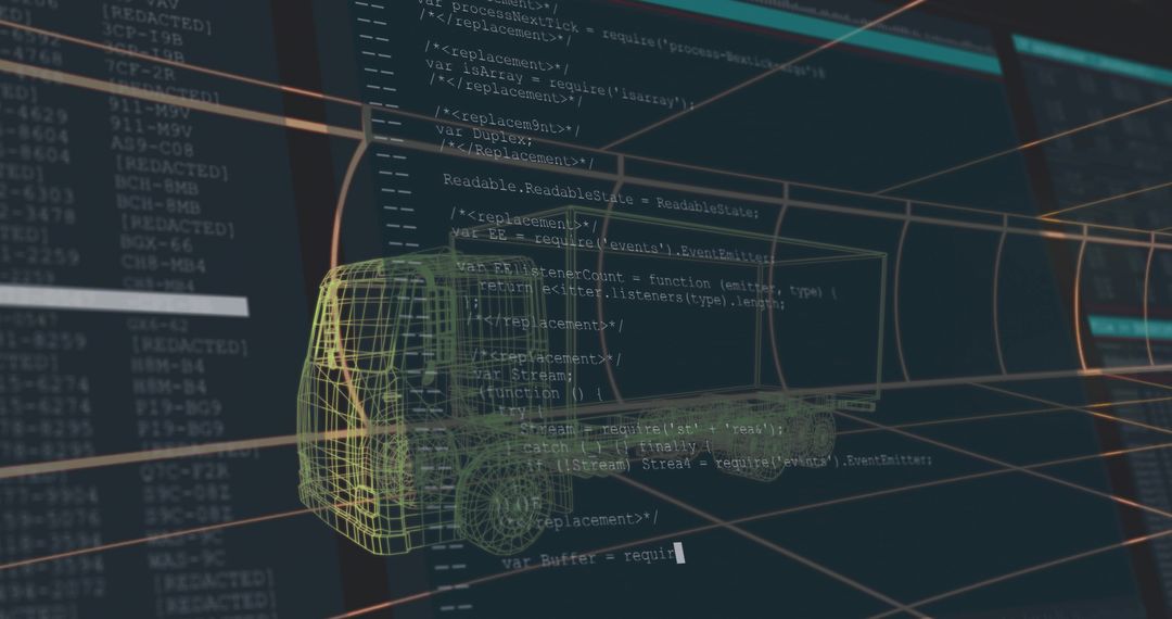 3D Wireframe Truck Model in Digital Interface with Code Display