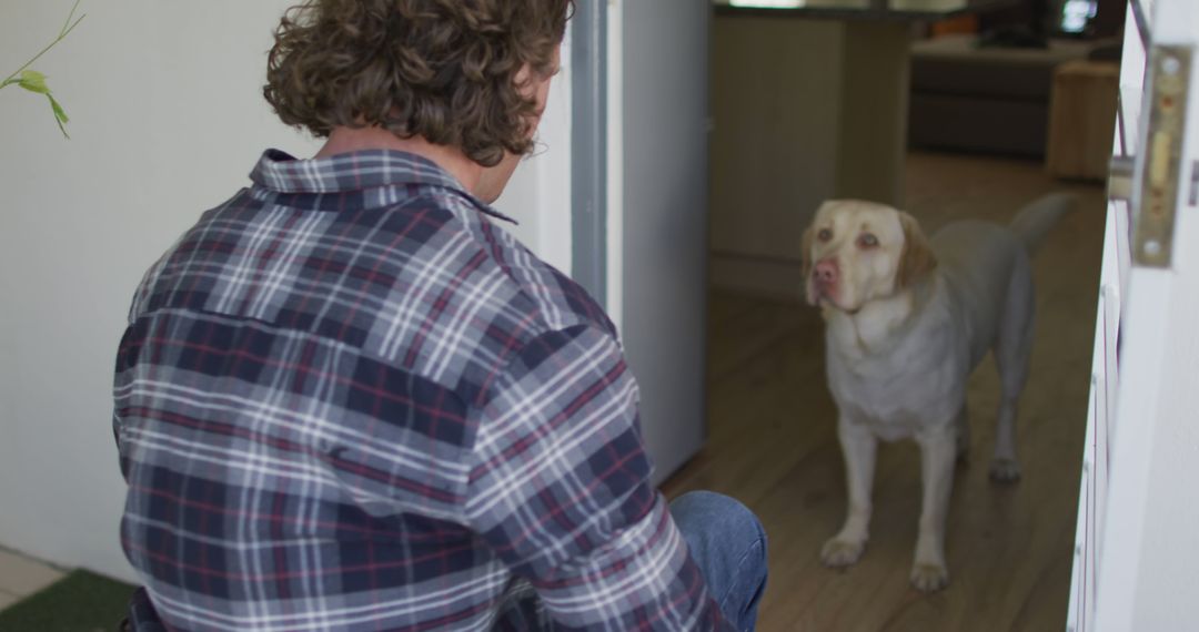 Man Greeting Labrador Retriever at Doorway of Home - Free Images, Stock Photos and Pictures on Pikwizard.com