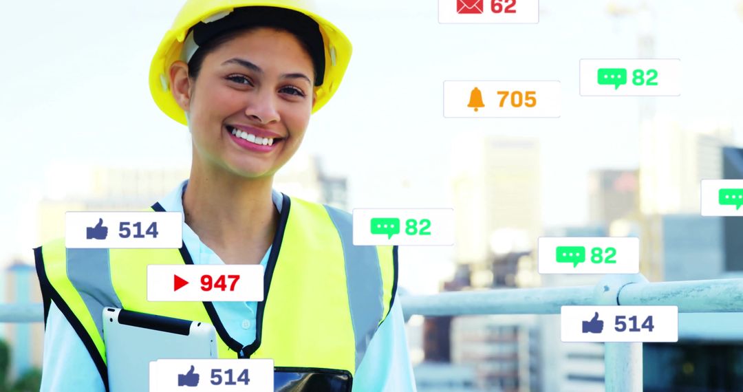 Smiling Female Engineer Connecting Digitally on Rooftop
