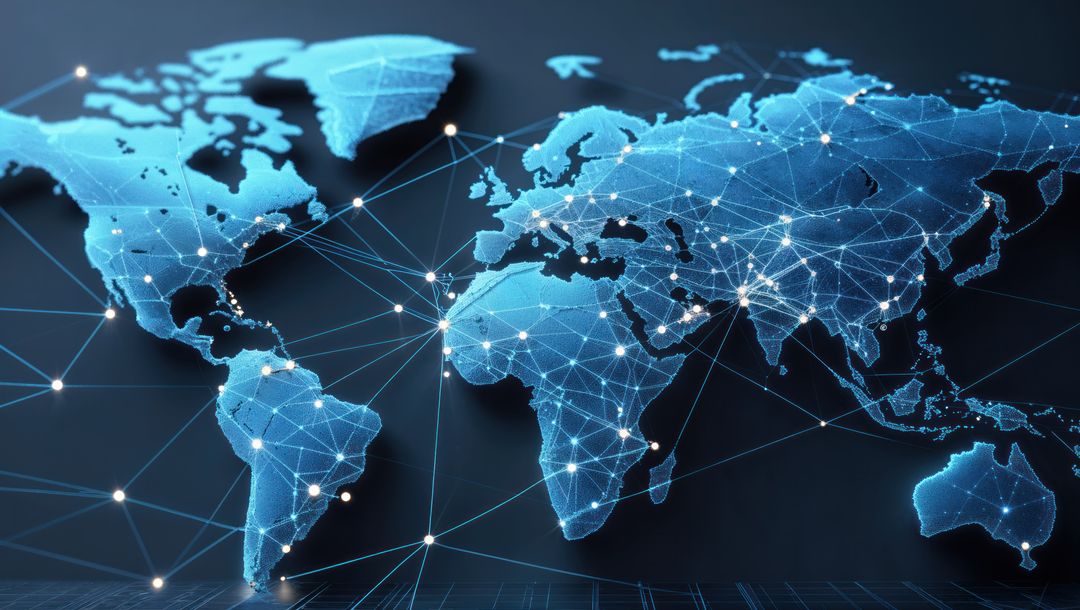 Futuristic World Map with Glowing Network Connections