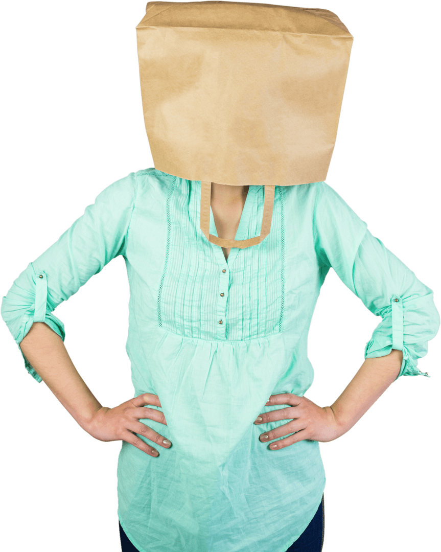 Woman with Paper Bag on Head in Casual Attire Transparent Background