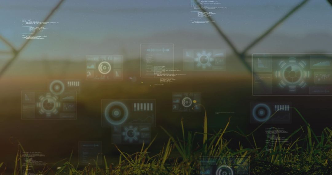 Grass Foreground with Futuristic HUD Panels at Dawn Blending Nature and Technology