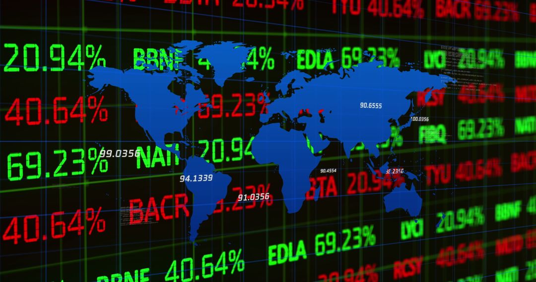 Global Stock Market Data Over World Map in Digital Display