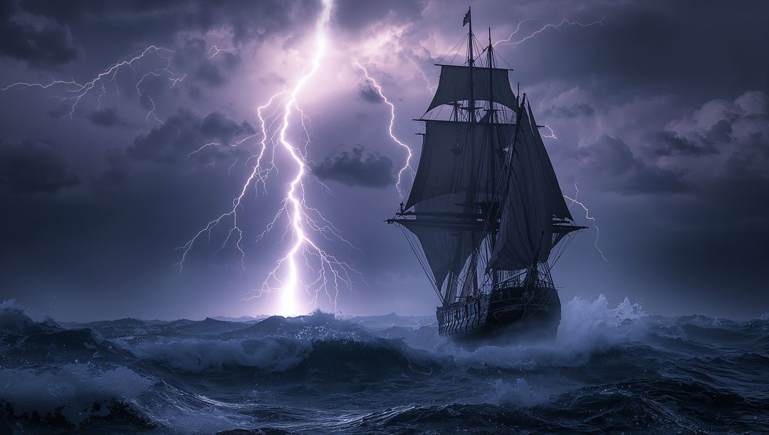 Sailing Ship Battling Stormy Seas with Striking Lightning