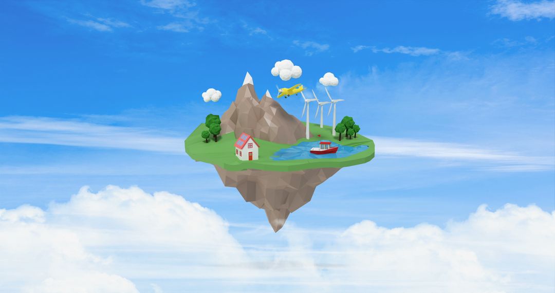 Floating Island with Airplane and Wind Turbines in Sky