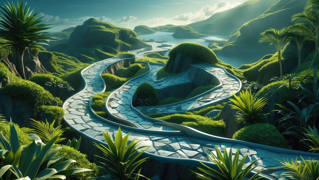 Serpentine Stone Pathway in Verdant Mountainscape