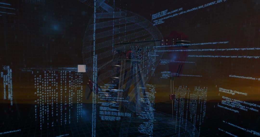 Futuristic 3D DNA Helix with Floating Code Snippets in Virtual Lab