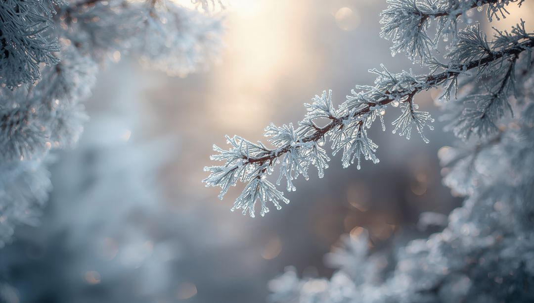 Glistening Hoarfrost Coating Pine Twig in Warm Backlight with Ice Droplets and Bokeh