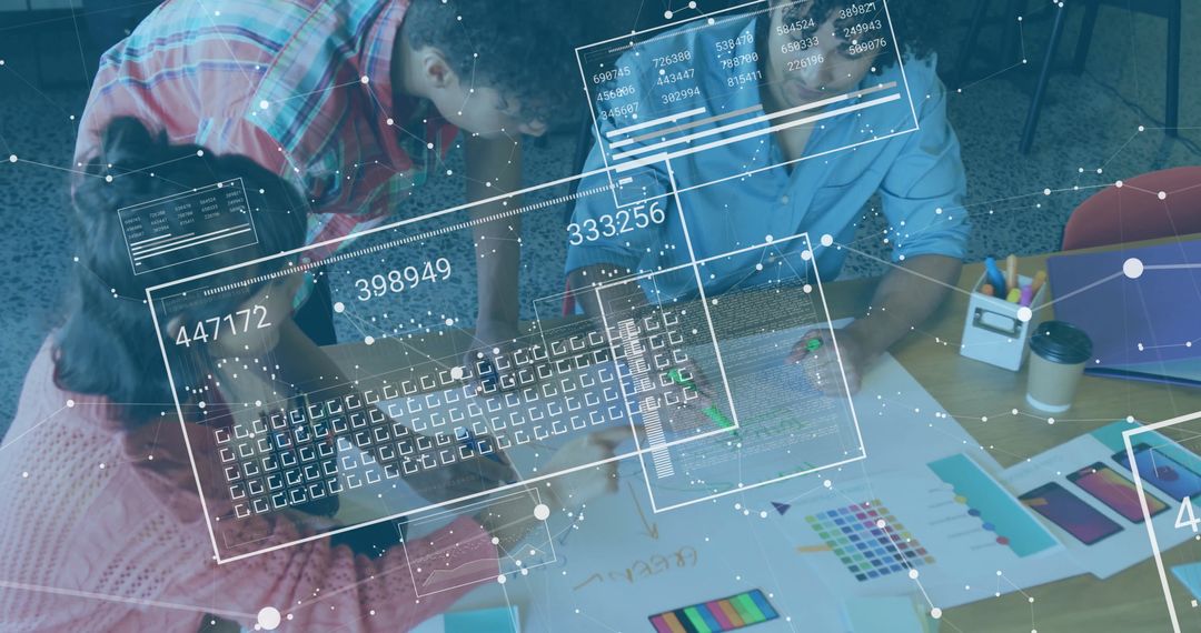 Creative Team Collaborating with Digital Interface Elements in Office