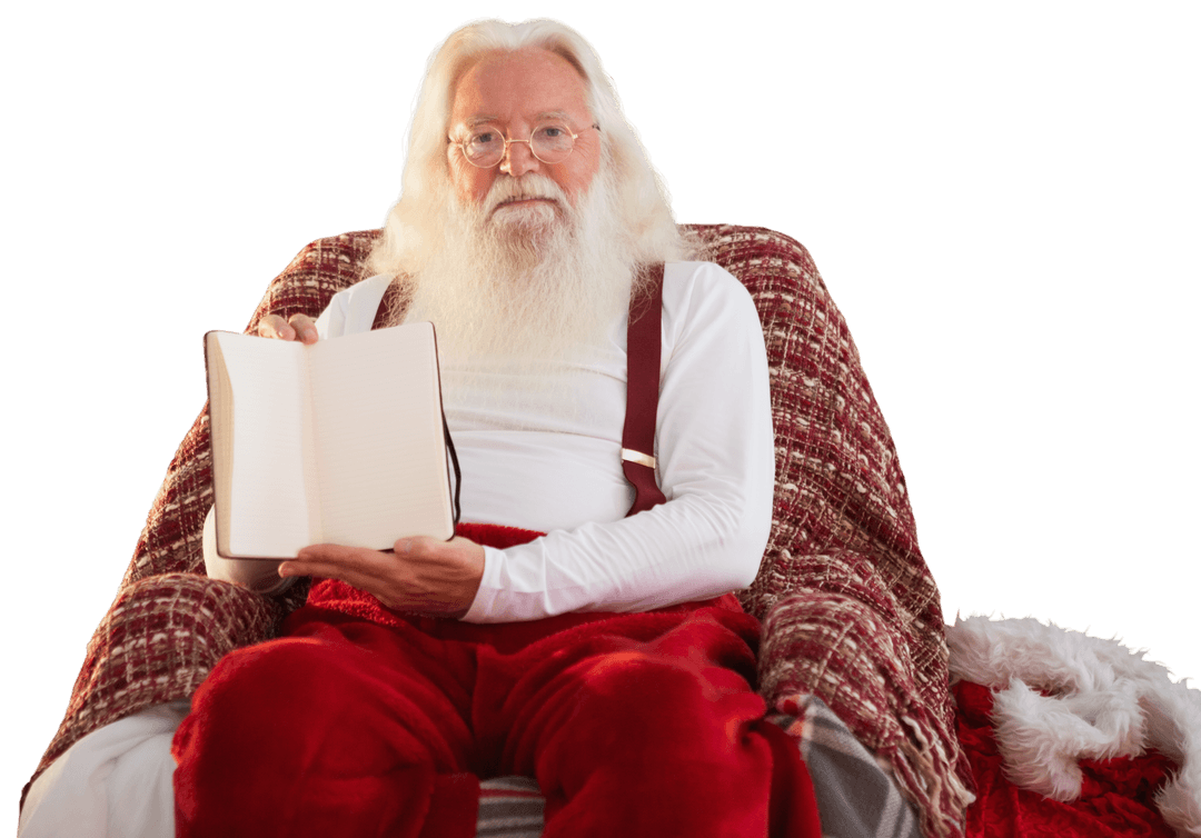 Santa Claus Sitting with Open Notebook on Transparent Background