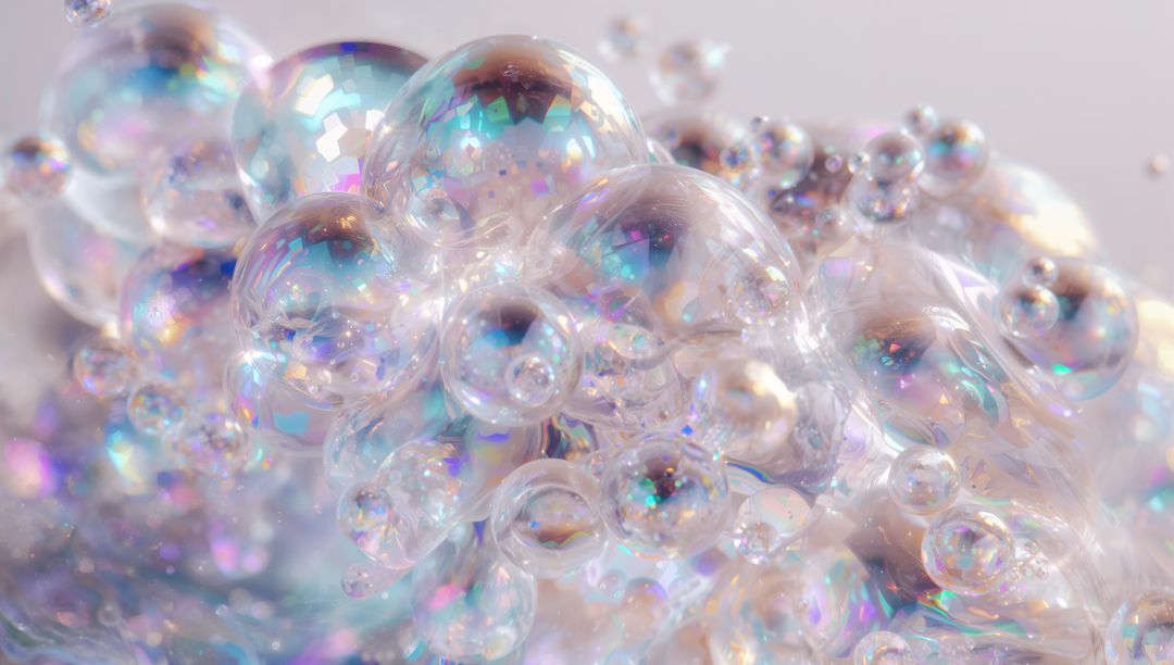 Iridescent Soap Bubble Cluster Macro with Pastel Prism Reflections and Glitter Shimmer