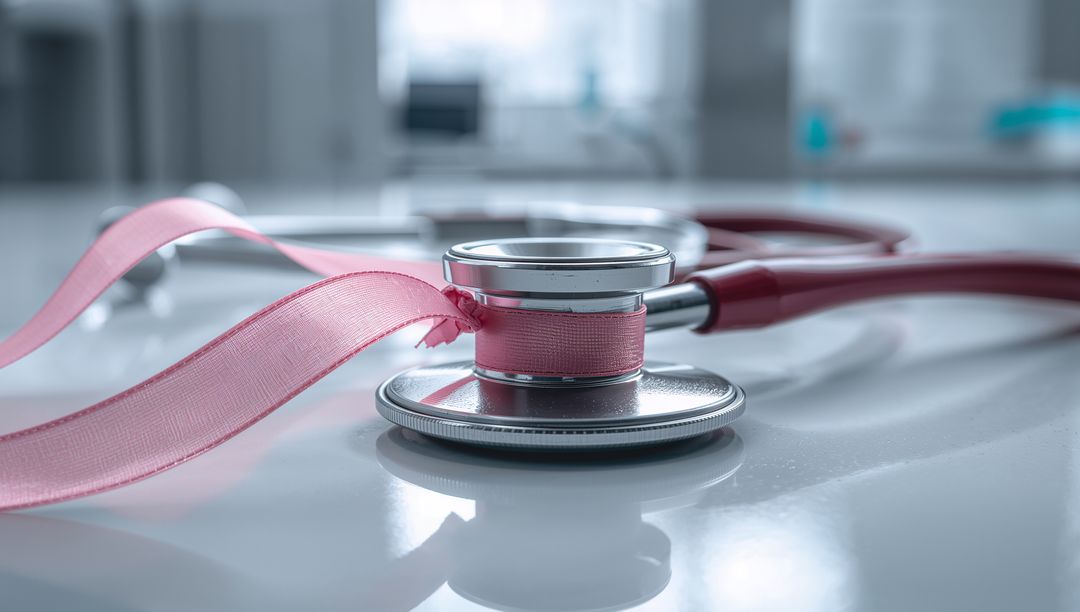 Stethoscope with Pink Awareness Ribbon on Medical Counter