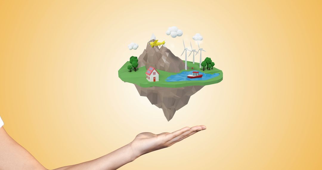 Floating Sustainable Island with Wind Turbines and Home in Hand