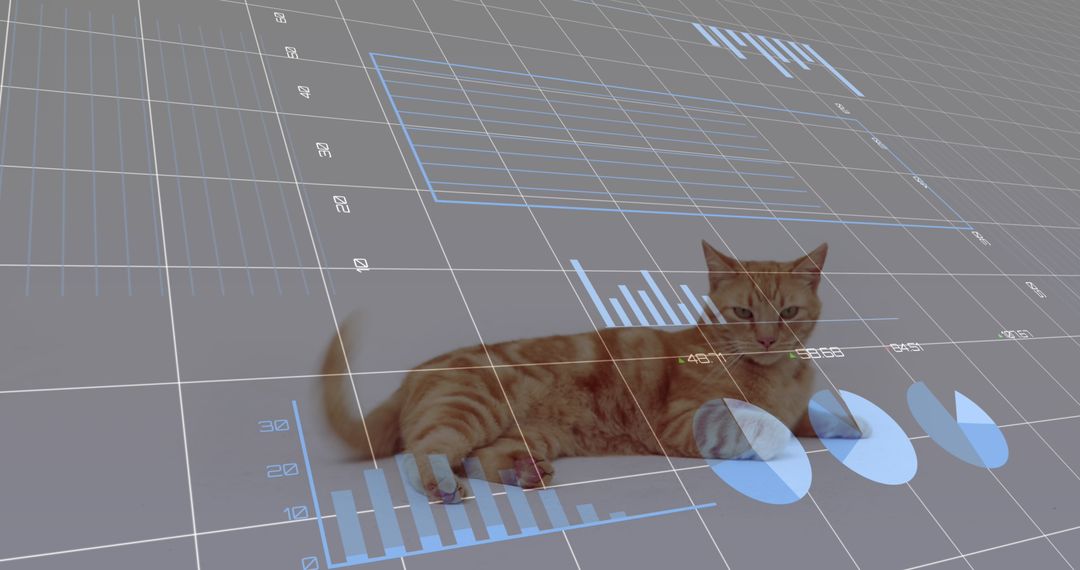 Cute Orange Tabby Cat with Digital Financial Graph Overlays